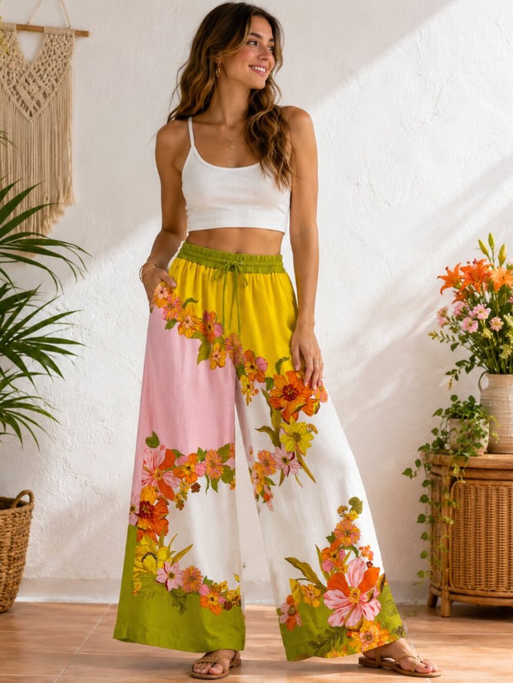 Women's Wide Leg Floral Print Pants in Yellow, Pink & White